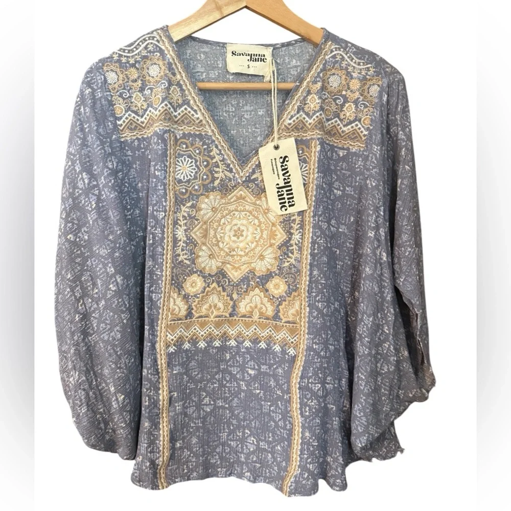 Savanna Jane NWT Embroidered Blue Tunic Poncho Boho Cottagecore - Picture 9 of 9